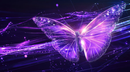 Explore a vibrant 3D rendered cosmic butterfly, radiating ethereal beauty. This mesmerizing digital artwork captures the essence of fantasy and light.の素材