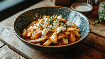 Enjoy a classic poutine featuring crispy French fries topped with savory gravy and cheese. Perfect for a delicious meal or snack experience!の素材
