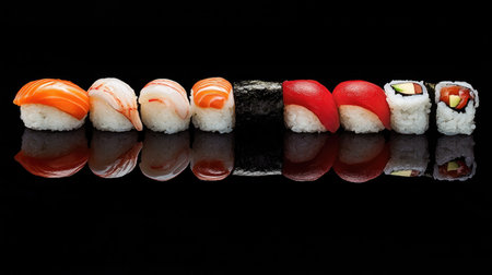 A stunning assortment of sushi rolls and nigiri elegantly arranged on a black background, showcasing vibrant colors and enticing presentation perfect for food lovers.の素材