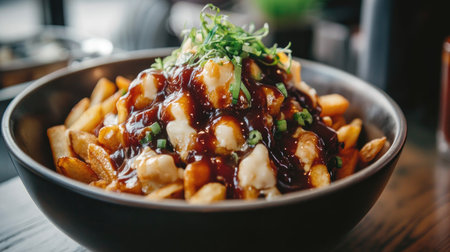 A close-up look at a bowl of delicious poutine featuring crispy fries, rich gravy, and cheese curds, making it the perfect comfort food.の素材