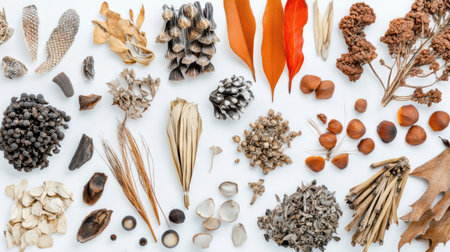 Explore a diverse collection of dried plant materials and seeds, showcasing unique textures and forms against a clean white background for artistic and educational purposes.の素材