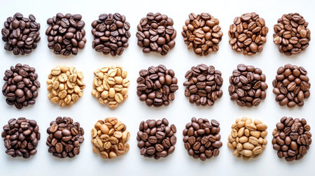 This image showcases a diverse collection of roasted coffee beans arranged neatly in squares, highlighting their rich colors and textures. Perfect for coffee-related projects.の素材