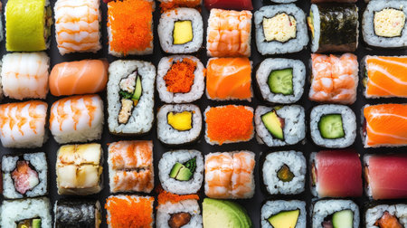 A stunning close-up of an assorted sushi platter, showcasing a vibrant variety of rolls and fresh ingredients. Ideal for food lovers and culinary enthusiasts.の素材