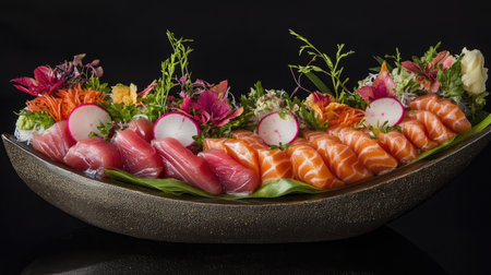 A beautifully arranged sashimi platter featuring fresh tuna and salmon, garnished with colorful vegetables and radishes, perfect for gourmet dining experiences.の素材
