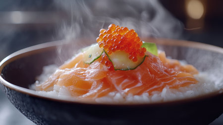 A steaming bowl of salmon donburi showcasing fresh salmon slices, colorful salmon roe, and garnished with cucumber. Perfect for food enthusiasts!の素材