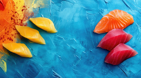 A vibrant assortment of fresh sashimi featuring yellow, orange, and pink pieces on a colorful textured background, perfect for culinary inspiration.の素材