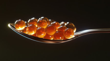 A stunning close-up image of vibrant salmon roe beautifully arranged on a spoon. The glossy texture and rich orange color make it an appealing addition to any gourmet dish or culinary presentation.の素材
