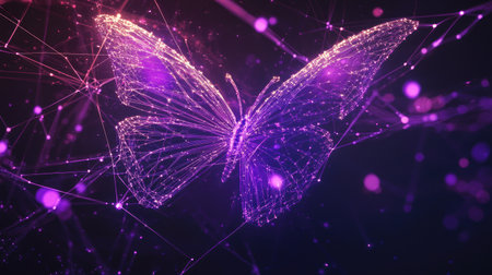 A digital representation of a cosmic butterfly, illuminated with neon rays and vibrant colors, floating in an abstract background, showcasing beauty and technology.の素材