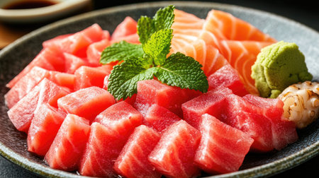 A vibrant close-up shot of a plate filled with fresh sushi, featuring tuna and salmon, garnished with wasabi and mint, ideal for food photography.の素材