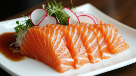 A beautifully arranged plate of fresh salmon sashimi, garnished with microgreens and radish, showcasing the elegance of Japanese cuisine and culinary artistry.の素材