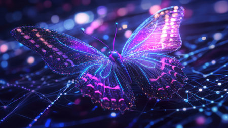 Experience a stunning 3D representation of a cosmic butterfly, adorned with ultra violet hues and vibrant designs, showcasing beauty and creativity in digital art.の素材
