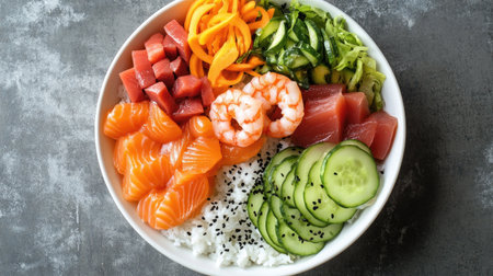 Experience a delightful chirashi don bowl featuring fresh seafood, vibrant vegetables, and perfectly seasoned rice, offering a colorful and nutritious meal.の素材