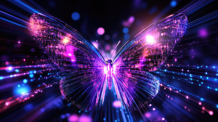 Discover a breathtaking cosmic butterfly radiating ultra violet light in a dazzling, abstract background. A perfect blend of fantasy and vibrant colors.の素材