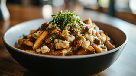 Enjoy a mouthwatering bowl of poutine featuring golden fries topped with savory gravy and fresh cheese curds, garnished with vibrant herbs. Perfect for any meal!の素材