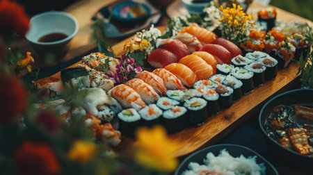 Experience a luxurious dining spread featuring beautifully arranged sushi and vibrant ingredients, perfect for celebrating Japanese cuisine at its finest.の素材