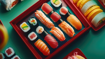 A vibrant and luxurious sushi platter showcasing a fresh mix of rolls and sashimi, expertly presented for an elegant dining experience. Perfect for any occasion.の素材