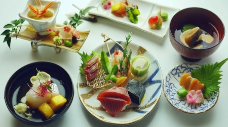 A visually stunning display of a traditional Japanese kaiseki meal featuring a variety of fresh ingredients, elegant presentation, and vibrant colors.の素材