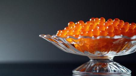 This image showcases a luxurious presentation of vibrant salmon roe in a glass bowl, perfect for high-end dining or gourmet culinary displays.の素材