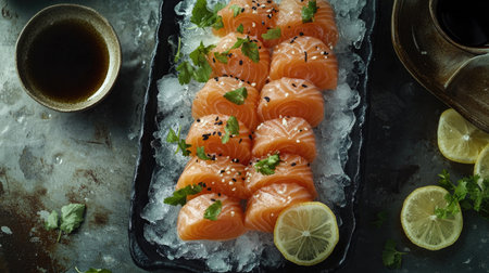 Delight in this vibrant raw salmon sashimi, beautifully arranged on ice and garnished with herbs and lemon slices, perfect for a gourmet dining experience.の素材