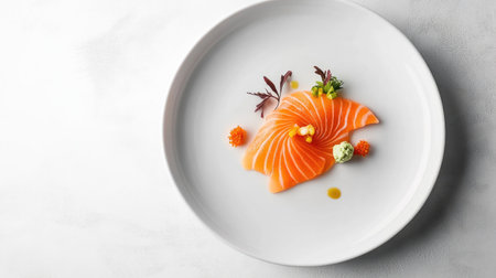 A beautifully presented slice of raw salmon sashimi on a minimalist white plate, garnished with delicate herbs and vibrant vegetables, ideal for gourmet settings.の素材