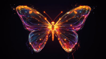 A stunning futuristic 3D rendering of a cosmic butterfly, glowing with vibrant colors and intricate light effects, perfect for digital art enthusiasts and nature lovers.の素材