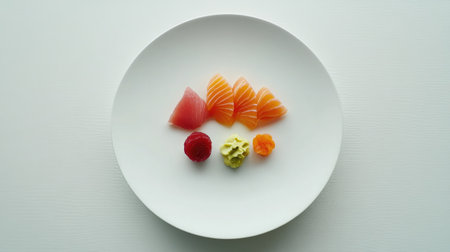 This minimalist presentation features beautifully arranged slices of sashimi on a clean white plate, showcasing the vibrant colors and fresh ingredients, perfect for culinary artistry.の素材