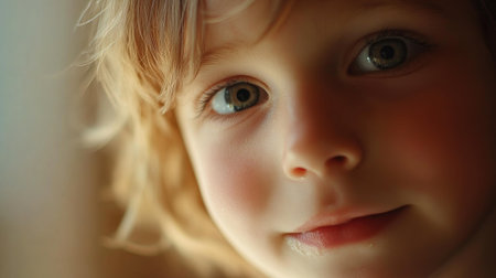 A captivating close-up of a child's face, showcasing sparkling eyes and soft features. The image captures innocence and warmth, evoking tender emotions.の素材