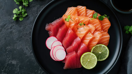 Discover a minimalistic presentation featuring fresh slices of tuna and salmon, garnished with radish, lime, and cilantro on a stylish black plate. Enjoy the vibrant colors and textures.の素材