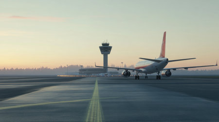 A jet airliner patiently waits on the runway for takeoff at sunrise, with a control tower in the background. The scene captures the essence of aviation.の素材