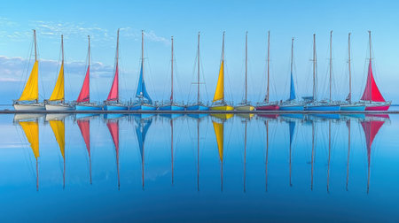 Experience a tranquil marina scene in Finland featuring colorful sailboats peacefully reflecting on calm waters. A perfect destination for nature lovers.の素材
