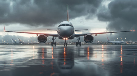 A stunning 3D rendering of an airplane positioned on an airport runway under dramatic clouds. The scene captures reflections on the wet surface, showcasing aviation design and modern travel.の素材