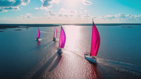 A stunning aerial view of a group of sailboats racing with vibrant spinnaker sails, capturing the excitement and beauty of nautical sports on a sunny day.の素材