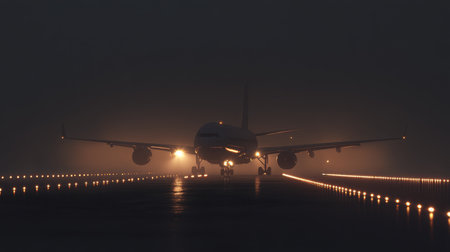 A commercial airplane is taxiing on a runway at night, surrounded by fog and illuminated by bright lights, creating a captivating aviation scene.の素材