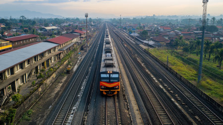 A serene morning view of a train approaching a depot in Tegalluar, surrounded by houses and railway tracks, capturing the essence of transportation and community.の素材