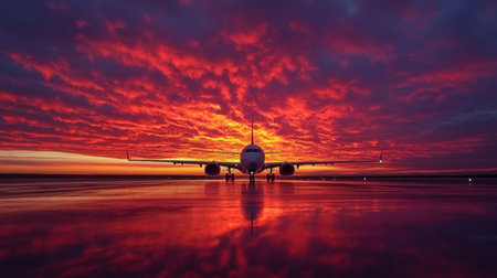 A captivating scene of an airliner parked on the runway during a stunning sunset, highlighting vibrant colors and dramatic reflections on the runway.の素材