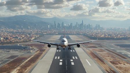 A stunning view of a passenger airplane climbing above the beautiful city of Barcelona, showcasing the blend of modern architecture and natural scenery.の素材
