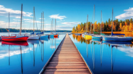 A scenic view of sailboats resting peacefully at a marina dock in Finland. Vibrant colors reflect in calm waters surrounded by autumn foliage. Perfect for travel enthusiasts!の素材