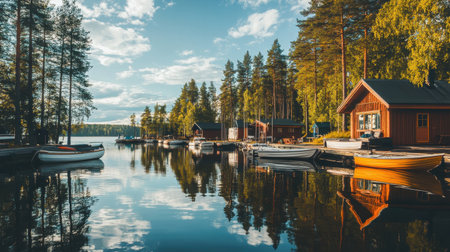 A serene marina in Finland showcases calm waters and colorful sailboats. Surrounded by lush trees and rustic houses, this peaceful landscape invites relaxation.の素材