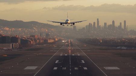 A passenger plane soaring mid-air after takeoff, with a stunning cityscape and sunset in the background, showcasing the beauty of air travel.の素材