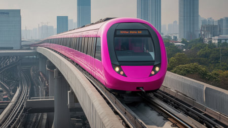 A vibrant pink train glides gracefully along elevated tracks in an urban setting, showcasing modern transportation and innovative design amidst a city skyline.の素材