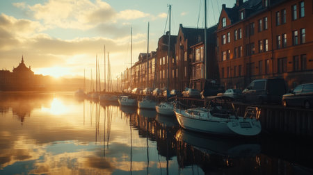 A scenic marina in Finland captures the beauty of sailboats at sunset. The tranquil water reflects the stunning colors, creating a picturesque view ideal for travel enthusiasts.の素材