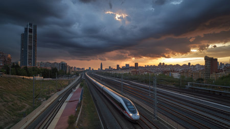 A high-speed train races along the tracks under a dramatic sky filled with clouds at sunset, capturing the essence of modern travel and urban landscapes.の素材