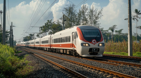 A sleek modern passenger train travels along scenic railway tracks, surrounded by lush landscapes and vibrant skies, symbolizing efficiency and connectivity in travel.の素材