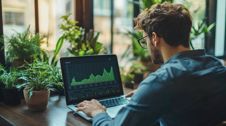 A businessman focuses on data analysis using a laptop, visualizing revenue trends with graphs and uptrends, set in an inspiring workspace surrounded by plants.の素材