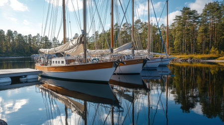 A serene view of sailboats docked at a Finnish marina, reflecting on calm waters amidst a backdrop of lush trees and blue skies, perfect for summer escapes.の素材