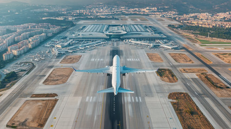 A stunning aerial view of an airplane taking off from a commercial airport. The busy runway and surrounding infrastructure highlight the dynamic world of air travel.の素材