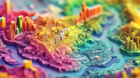 This vibrant 3D visualization portrays currency exchange data in an innovative and engaging manner, revealing insights into economic trends and structures.の素材