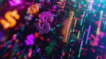 This vibrant 3D artwork illustrates the dynamic nature of global finance, showcasing colorful elements that represent data, currency, and market trends in a modern digital landscape.の素材