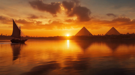 Experience the beauty of sunset over the Nile River, featuring a sailboat silhouette and stunning reflections that create a serene atmosphere ideal for travel lovers.の素材