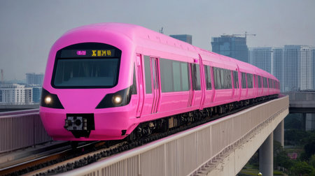 An elevated pink train glides over a modern urban landscape, symbolizing contemporary transportation. This vibrant train showcases innovative design while serving commuters.の素材